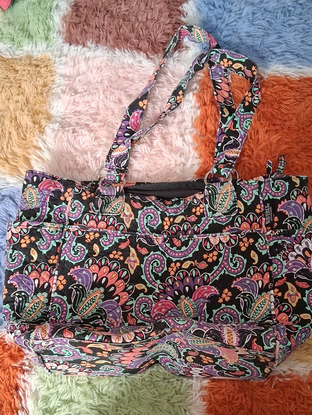Waverly Quilted Paisley Tote Bag - Black with Pink & Purple